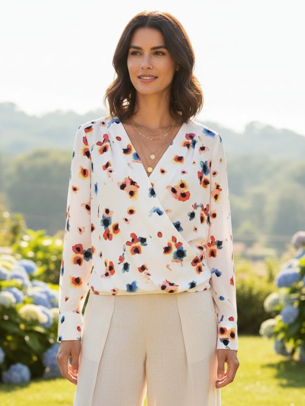 Halogen XS Top White‎ Cross Front V Neck Long Sleeve Floral Women's Boho Office